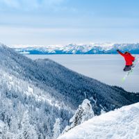 Skier catching air in the Eagle Bowl at Diamond Peak. Photo by Ryland West. Courtesy of Diamond Peak Ski Resort.