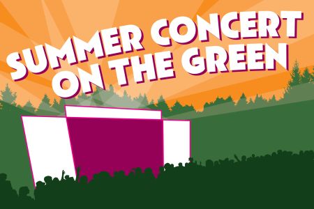 Silhouetted crowd at an outdoor concert, with a bright pink stage and orange sky. Green tree line in the background, creating an energetic atmosphere.