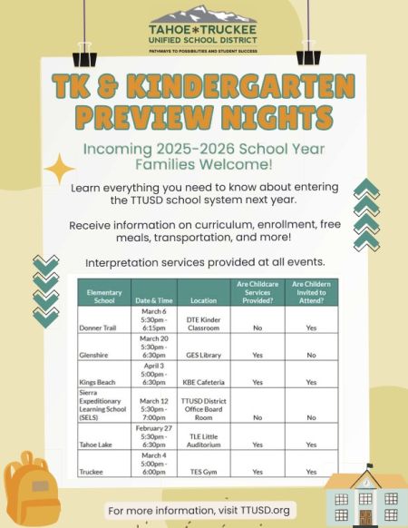 Tahoe Truckee Unified School District, Transitional Kindergarten & Kindergarten Preview Nights