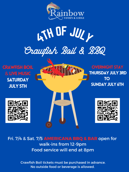 Rainbow Tavern and Lodge, Rainbow Lodge’s 4th of July Crawfish Boil & BBQ Open Weekend!
