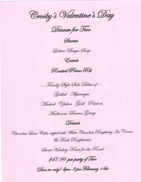 Crosby's Kitchen & Cocktail, Valentine's Day Special