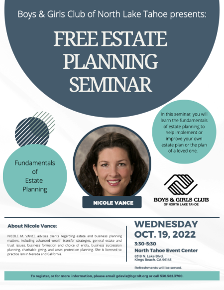 Boys & Girls Club of North Lake Tahoe, Free Estate Planning Seminar