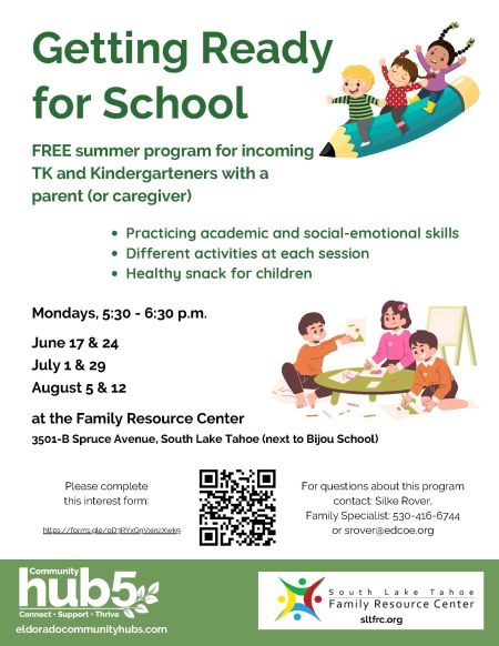 El Dorado County Community Hub 5, Getting Ready for School - free program for new TK and K students and their caregivers (bilingual)