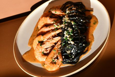 Bruschetta, Squid Ink Spegatina w/ Prawns