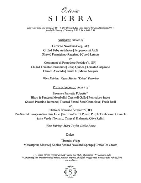 Osteria Sierra, Prix Fixe Menu