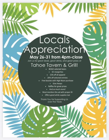 Tahoe Tavern & Grill, Locals' Appreciation Deals & Prizes