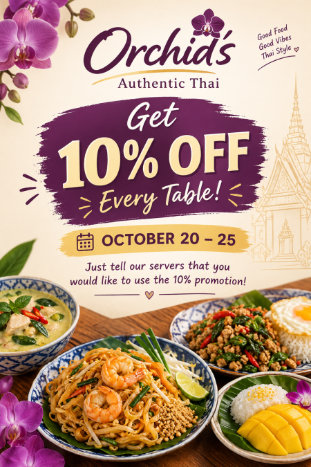 Orchid's Thai Cuisine, 10% Off Your Table