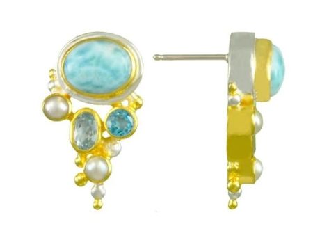 Bluestone Jewelry, Mixed Metal Earrings with Blue Topazes and Pearls