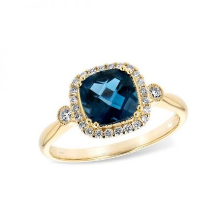 Bluestone Jewelry, 14 Karat Yellow Gold Ring with a London Blue Topaz and Diamonds