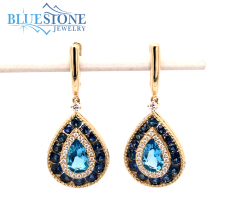 Bluestone Jewelry, 14kt Yellow Gold Earrings w/ Swiss Blue Topaz, Blue Sapphires & Diamonds