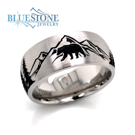Bluestone Jewelry, Domed 9mm Band with Tahoe Mountains, Trees, Buck and Bear