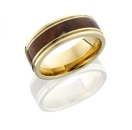 Bluestone Jewelry, 14K Gold Band with Milgrain and Desert Ironwood Inlay