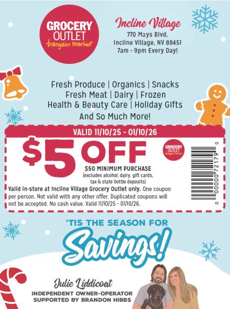 Grocery Outlet Bargain Market, $5 off Purchase of $50 or more at Incline Village