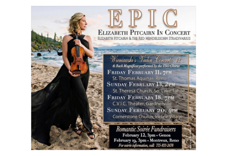 Elizabeth Pitcairn and her red violin with concert schedule